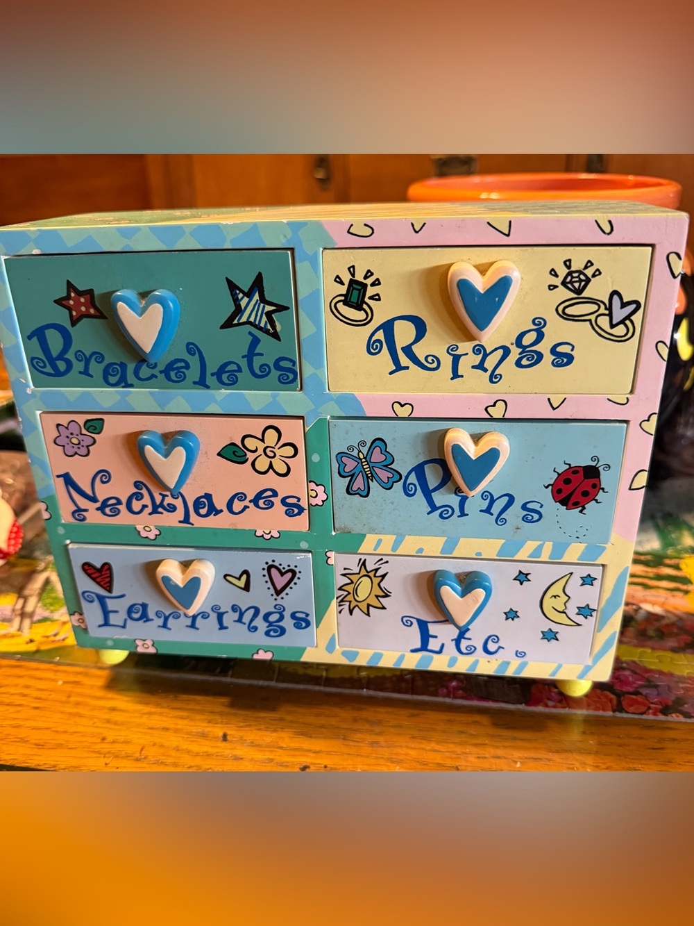 Blue & Pastel Mini Jewelry Organizer - 6 Drawer Storage Chest